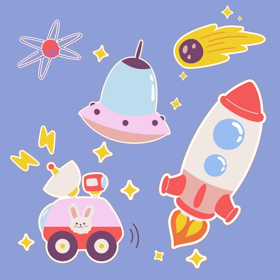 buitenste ruimte kawaii sticker set. hand- getrokken kosmisch tekenfilm verzameling van Saturnus, planeet, ufo buitenaards wezen, ster. bundel van schattig kind grafisch voor kinderkamer afdrukken in heelal exploratie universum vector