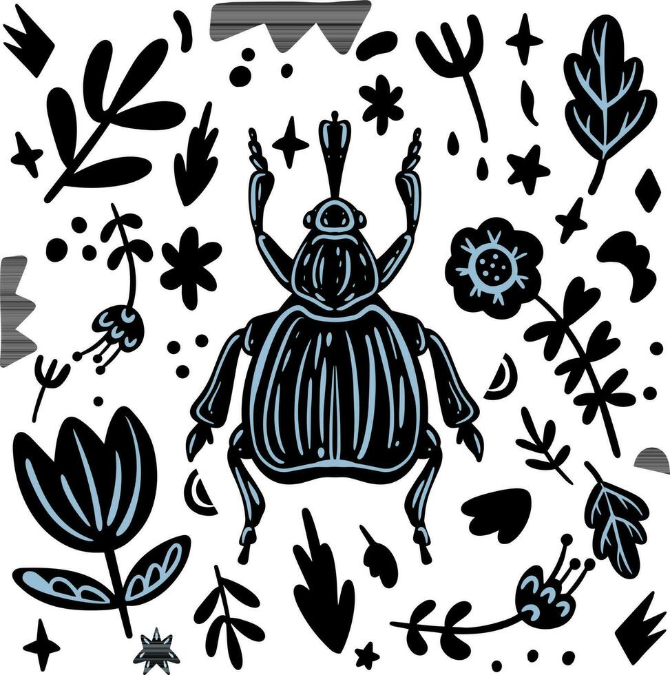 abstract zwart en met achtergrond met kever en planten. bewerkbare hand- getrokken vector illustratie. perfect afbeeldingen voor kleding stof, textiel, kleding, omhulsel papier, behang