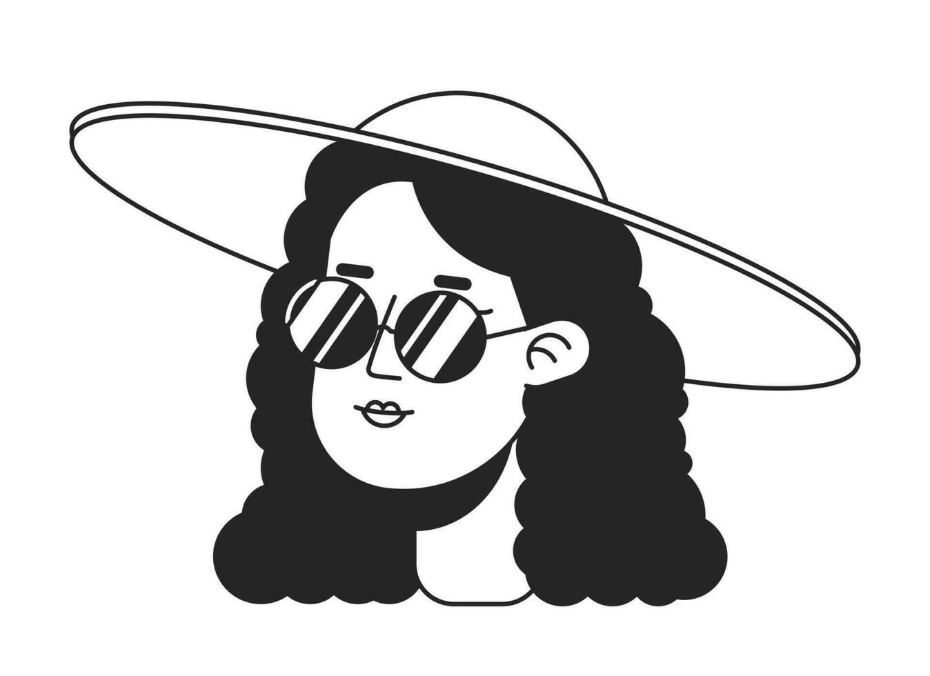 zonnebril vrouw in zomer hoed monochroom vlak lineair karakter hoofd. Kaukasisch gekruld haar- dame. bewerkbare schets hand- getrokken menselijk gezicht icoon. 2d tekenfilm plek vector avatar illustratie voor animatie