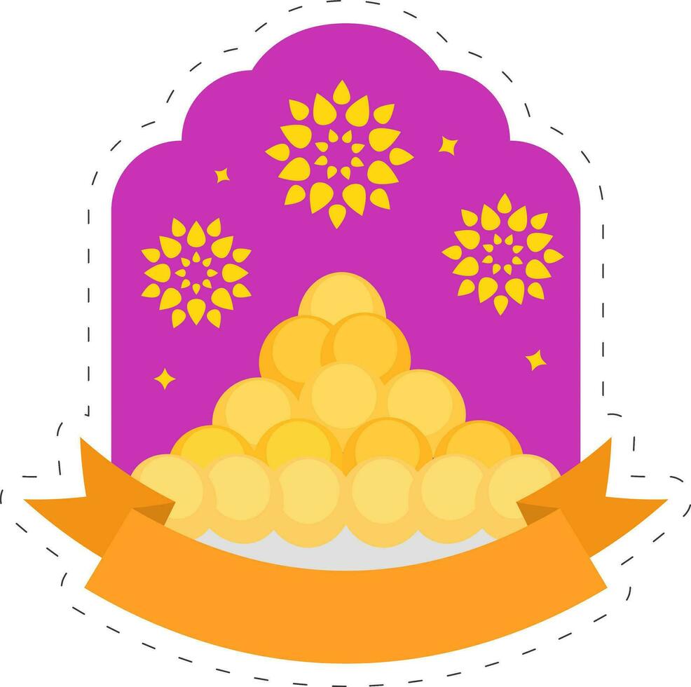 Indisch zoet laddu bord met blanco lint Aan Purper bloemen boog achtergrond. vector