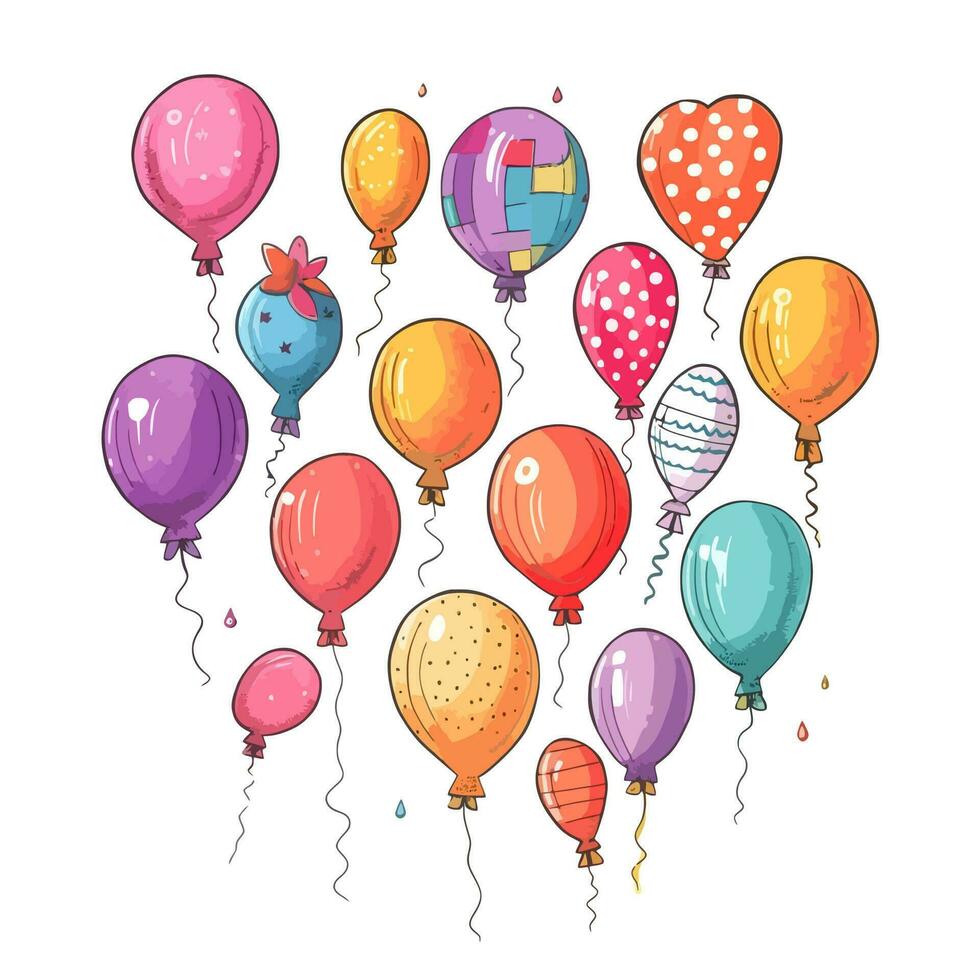 hand- getrokken schattig ballonnen geïsoleerd Aan wit achtergrond. sjabloon voor ansichtkaart, banier, poster, web ontwerp. verjaardag partij decoratie vector