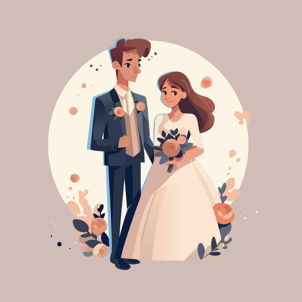 bruiloft bruid en bruidegom vlak vector illustratie