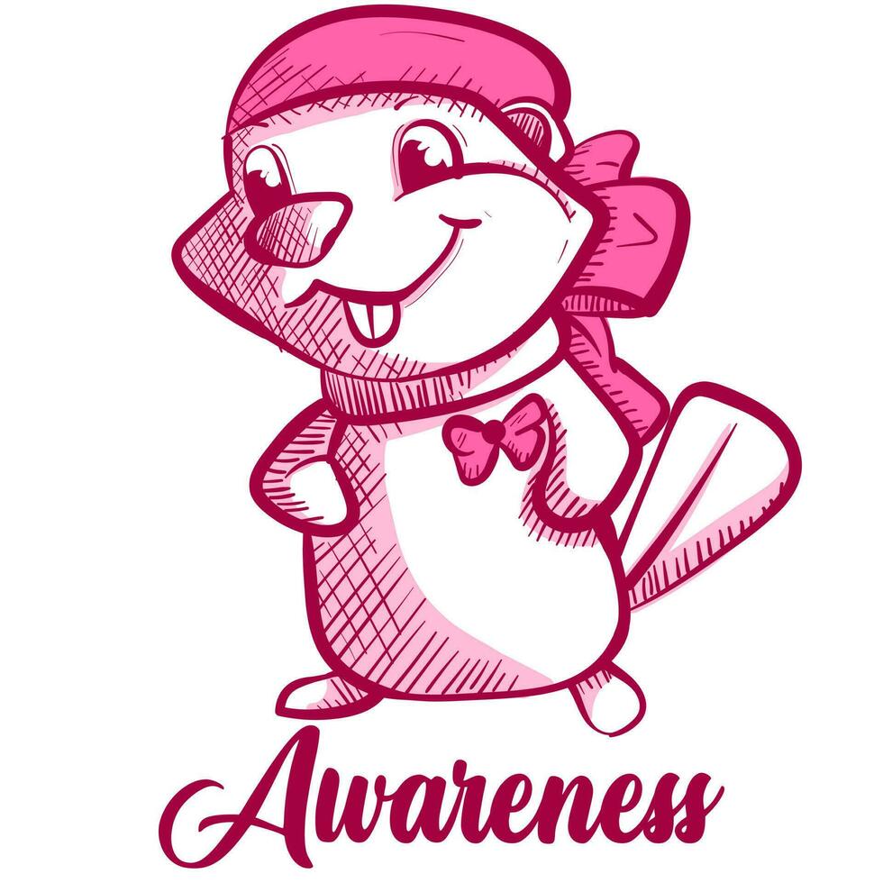 conceptuele kunst van een gelukkig bever vervelend een sjaal en een roze lint voor borst kanker bewustzijn campagne. dier mascotte artwork over een medisch oorzaak. vector