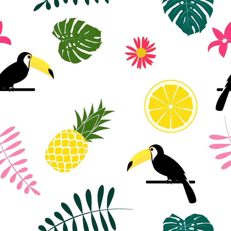 tropisch fruit ananas toekanvogel en palmblad naadloze patroon achtergrondontwerp vector