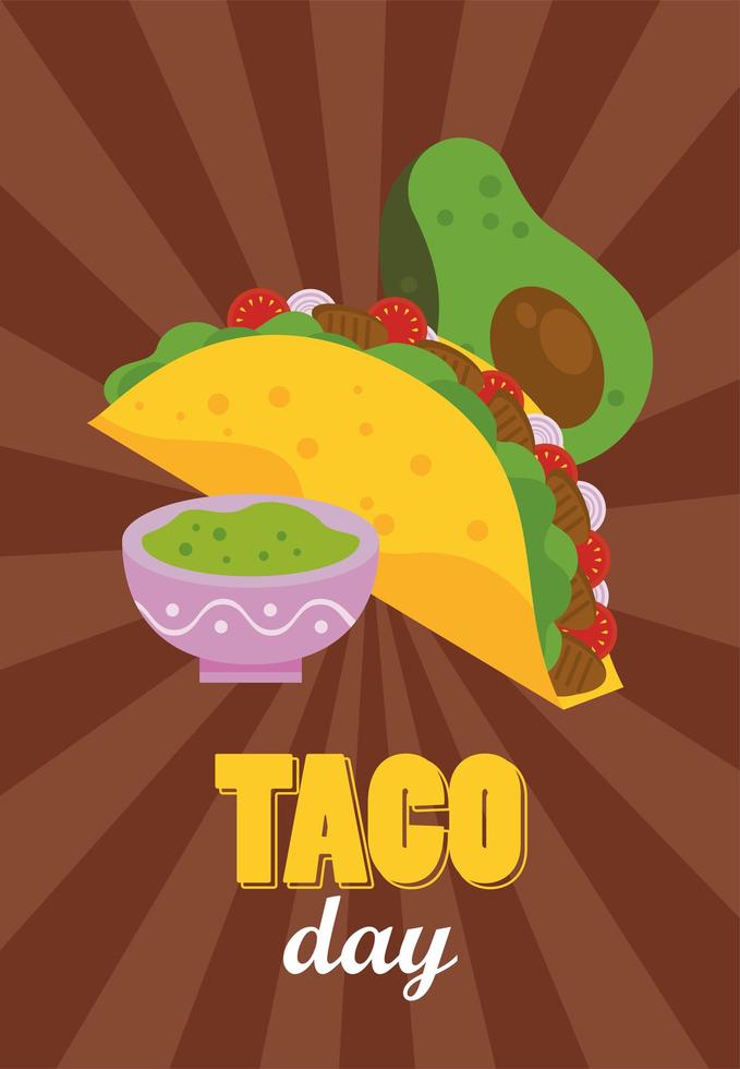 taco dagviering mexicaanse poster met guacamole saus en avocado vector