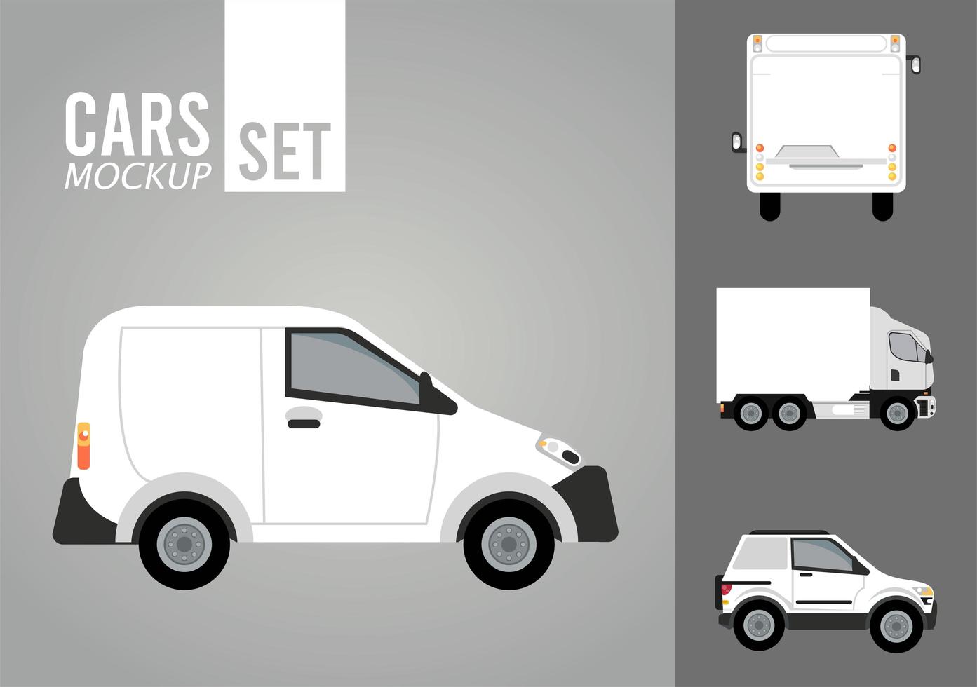 minibusje wit en set voertuigen mockup pictogrammen vector