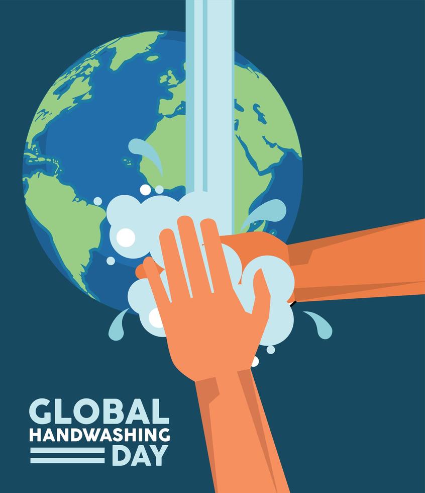 wereldwijde handwasdag belettering met handen wassen en planeet aarde vector