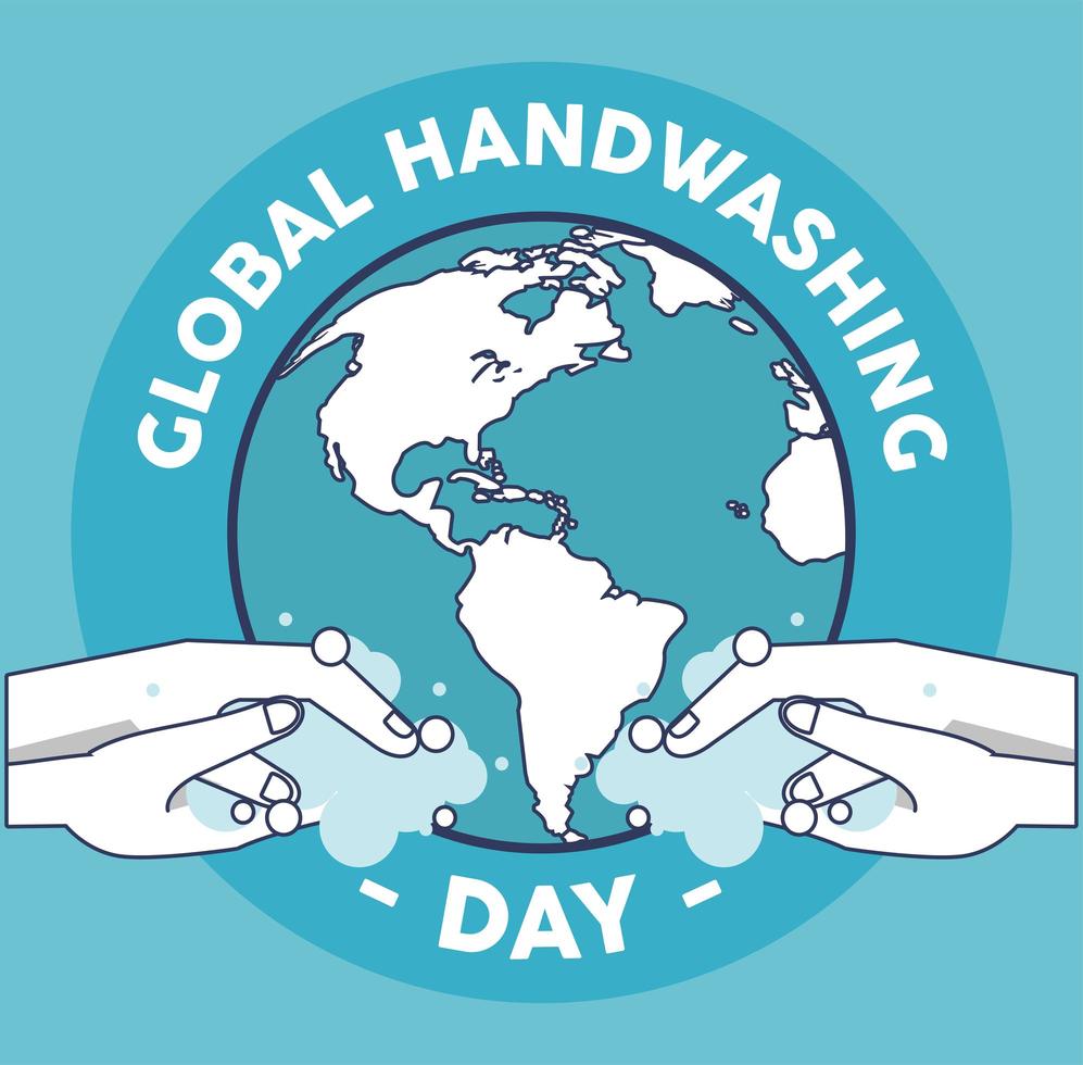 wereldwijde handwasdag belettering met handen wassen en planeet aarde vector