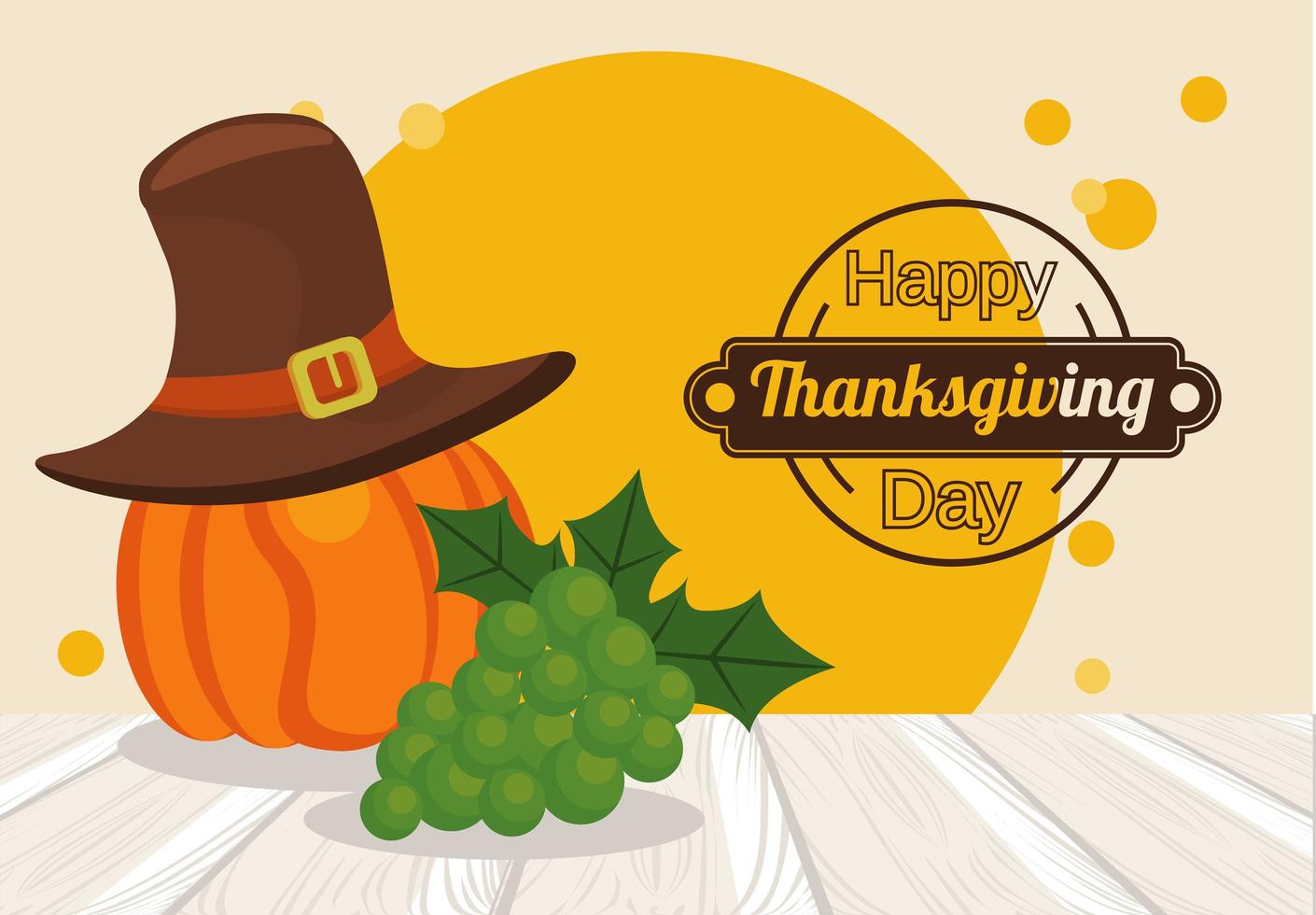 happy thanksgiving day poster met pompoen met pelgrim hoed en druiven vector