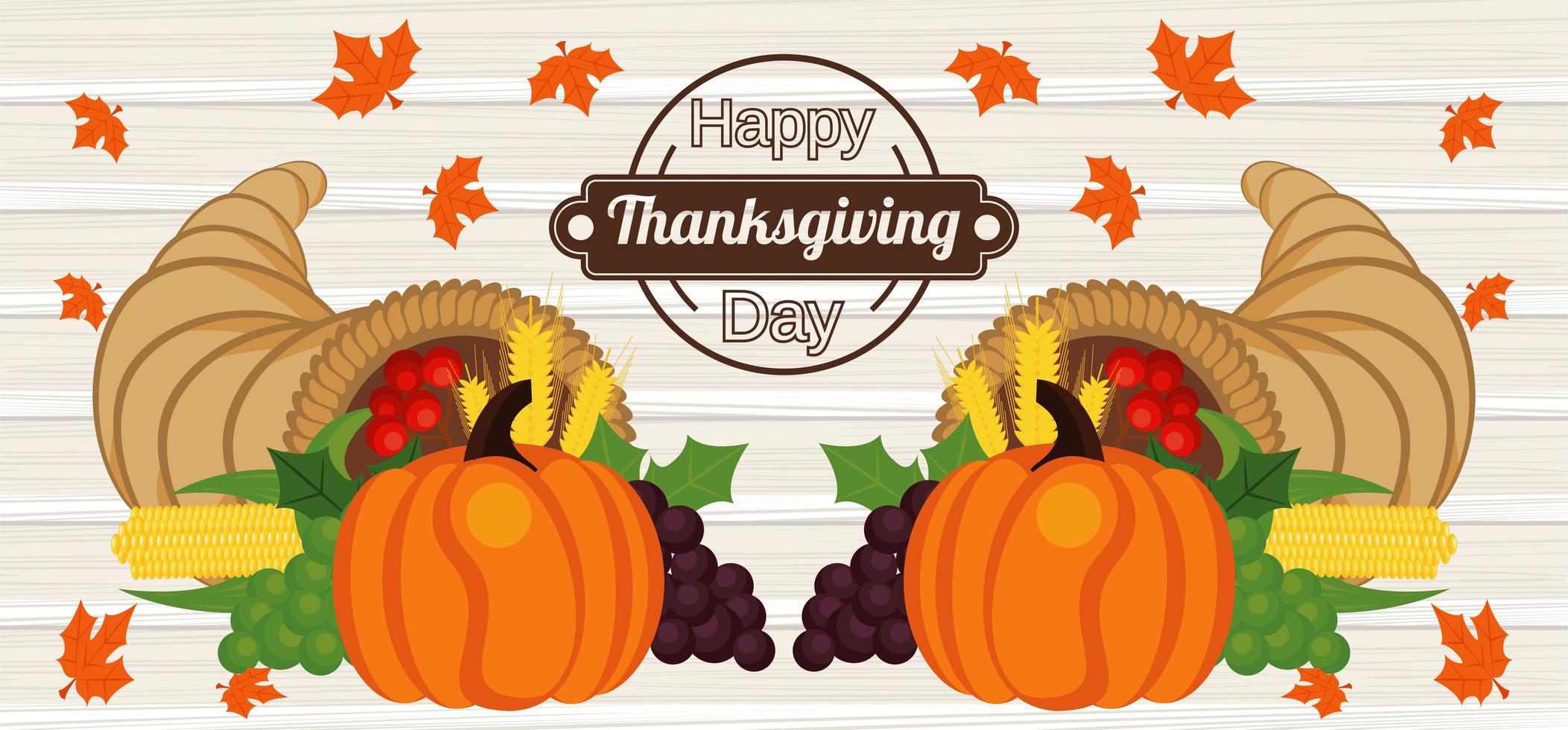 happy thanksgiving day poster met pompoenen en fruit op houten achtergrond vector