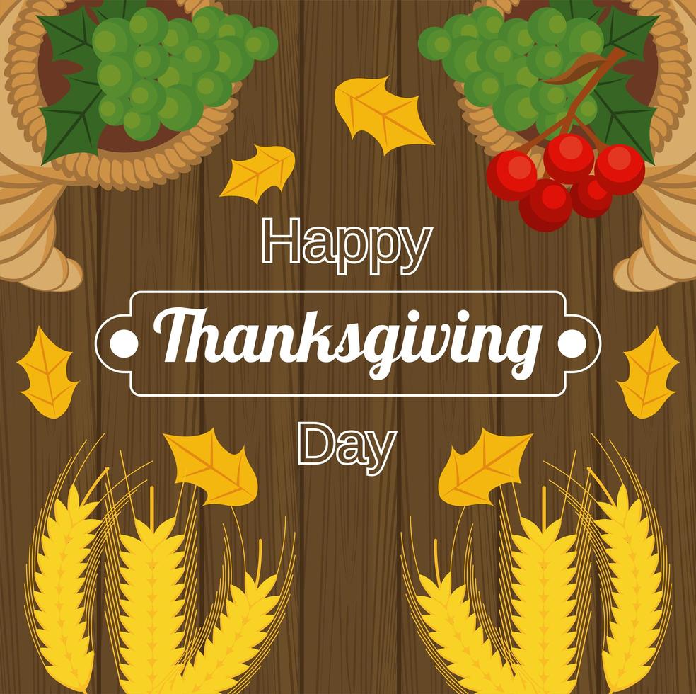 happy thanksgiving day poster met spikes en fruit op houten achtergrond vector