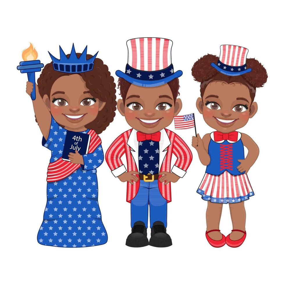 Amerikaans zwart kinderen portret vieren 4e van juli onafhankelijkheid dag met kostuum, Holding vlaggen, vervelend oom Sam hoed, standbeeld van vrijheid vector
