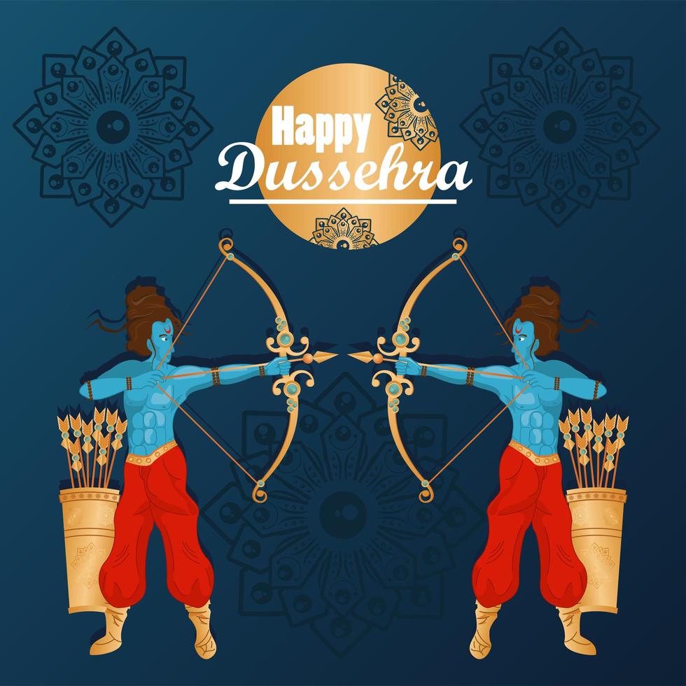 gelukkige dussehra-vieringskaart met ramma van blauwe goden vector