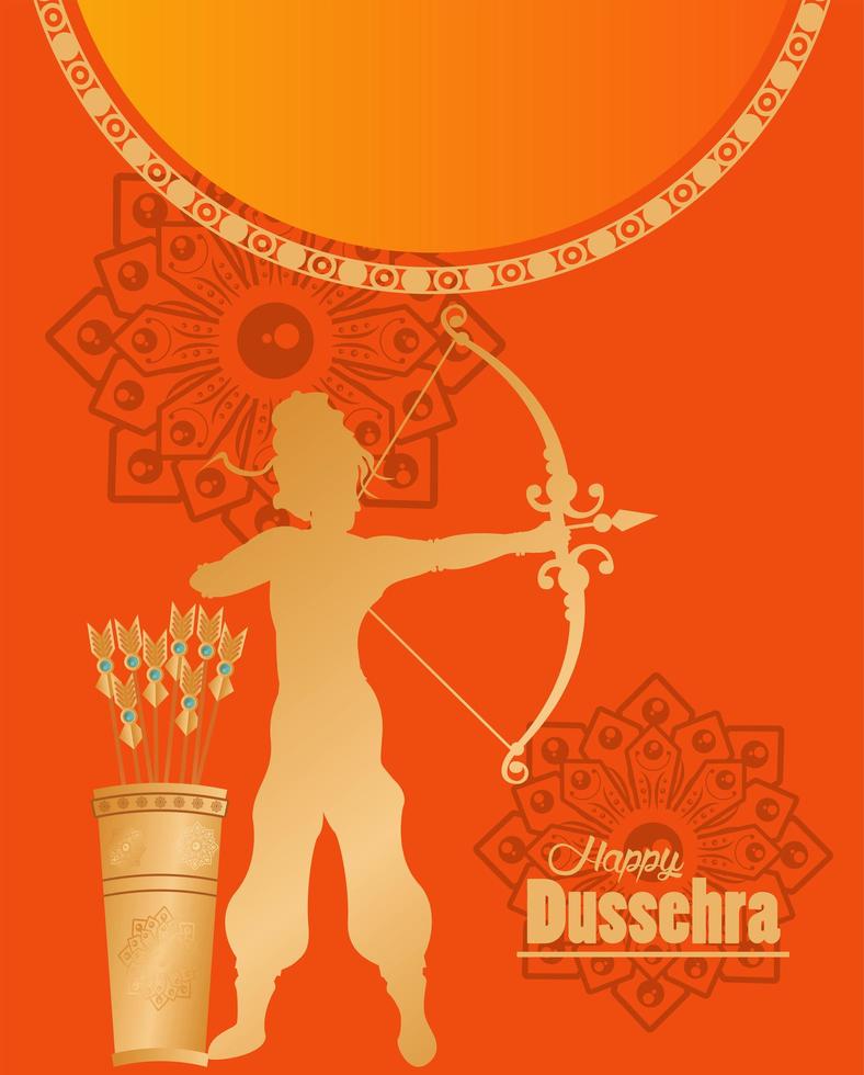 gelukkige dussehra-vieringskaart met gouden god rama en pijlentas vector