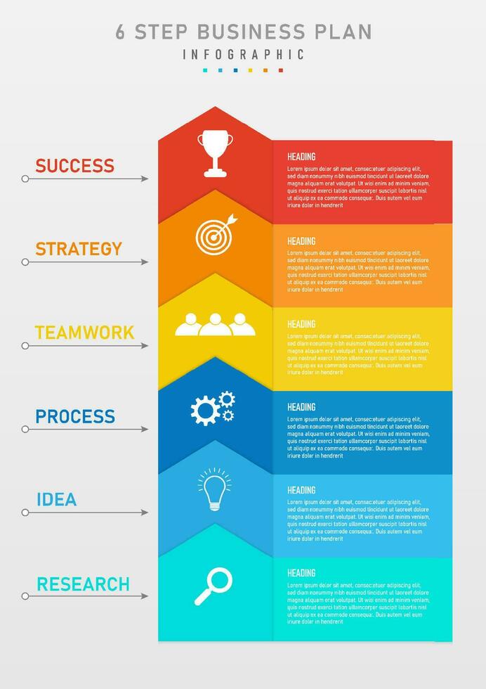 verticaal infographic sjabloon 6 stappen in bedrijf planning voor succes multi gekleurde plein pictogrammen en wit brieven. cirkel met links pijl Aan een schoon grijs helling achtergrond vector