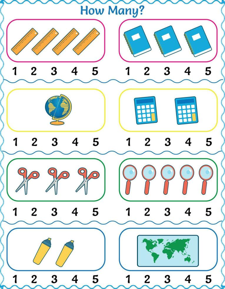 wiskunde leerzaam werkblad graaf, en cirkel voor peuter- van een naar vijf, school- voorwerpen vector