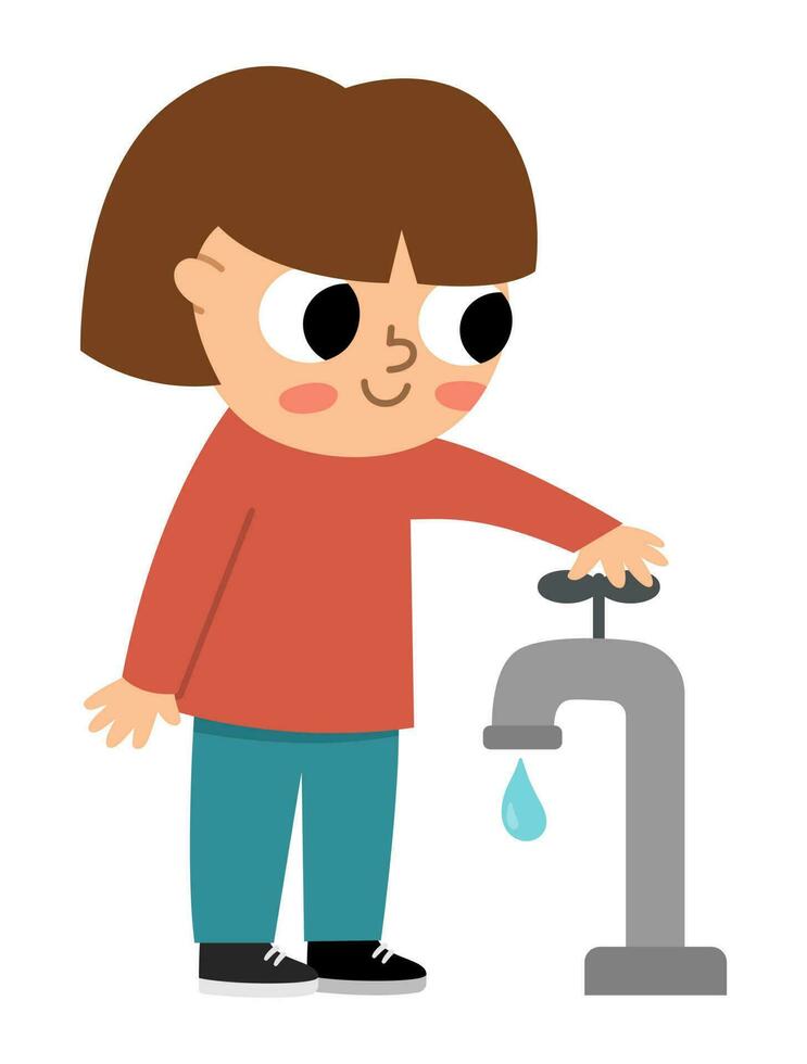 meisje besparing water icoon. schattig eco vriendelijk kind. kind draaien van de water tik. aarde dag of gezond levensstijl concept vector