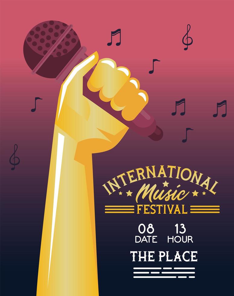 internationale muziekfestivalaffiche met hand en microfoon vector