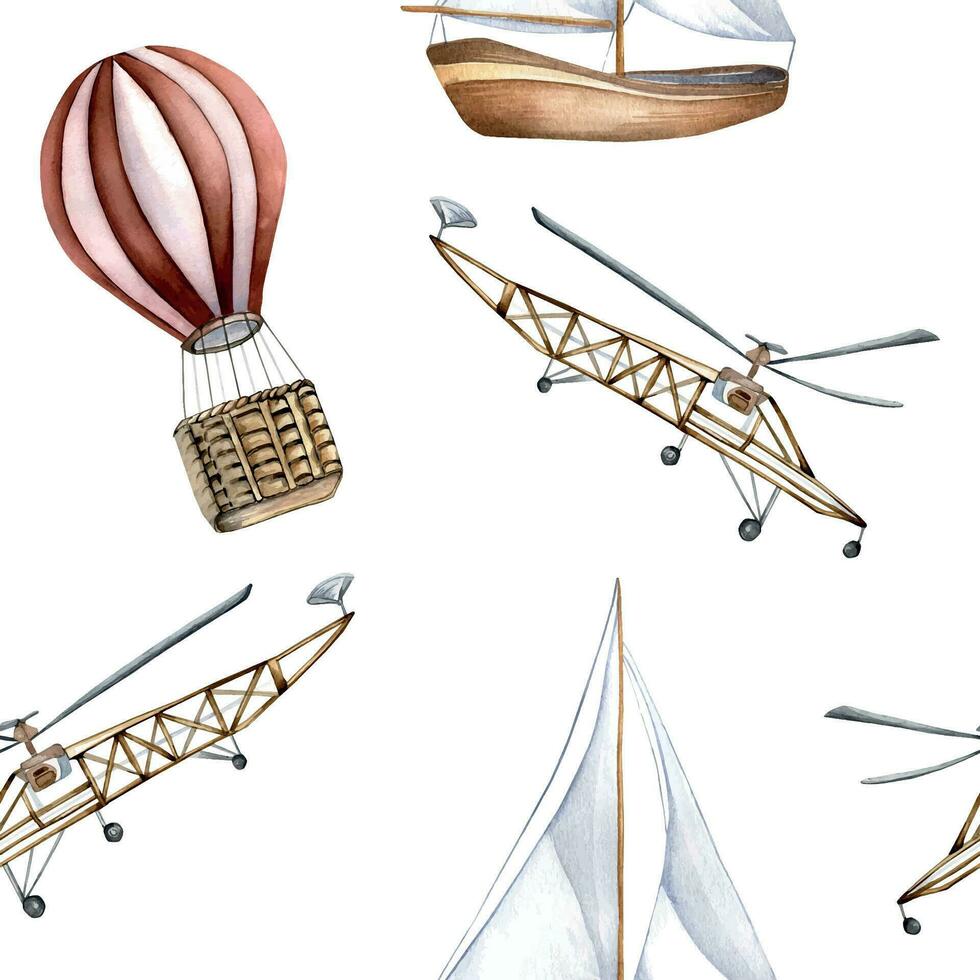 het zeilen schip, lucht ballon, vliegtuig waterverf naadloos patroon geïsoleerd Aan wit. boot, vliegtuigen, schip, aerostaat hand- getrokken. afdrukken voor jongen, inpakken, textiel, wijnoogst stijl behang, achtergrond vector