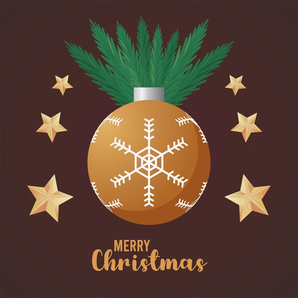 gelukkige merry christmas belettering kaart met bal en sterren in bladeren vector