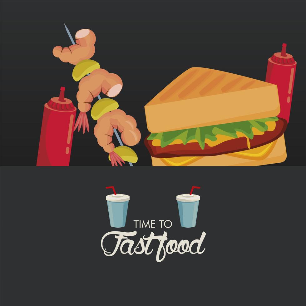 sandwich en garnalenspiesjes met sauzen heerlijk fastfood-pictogram vector