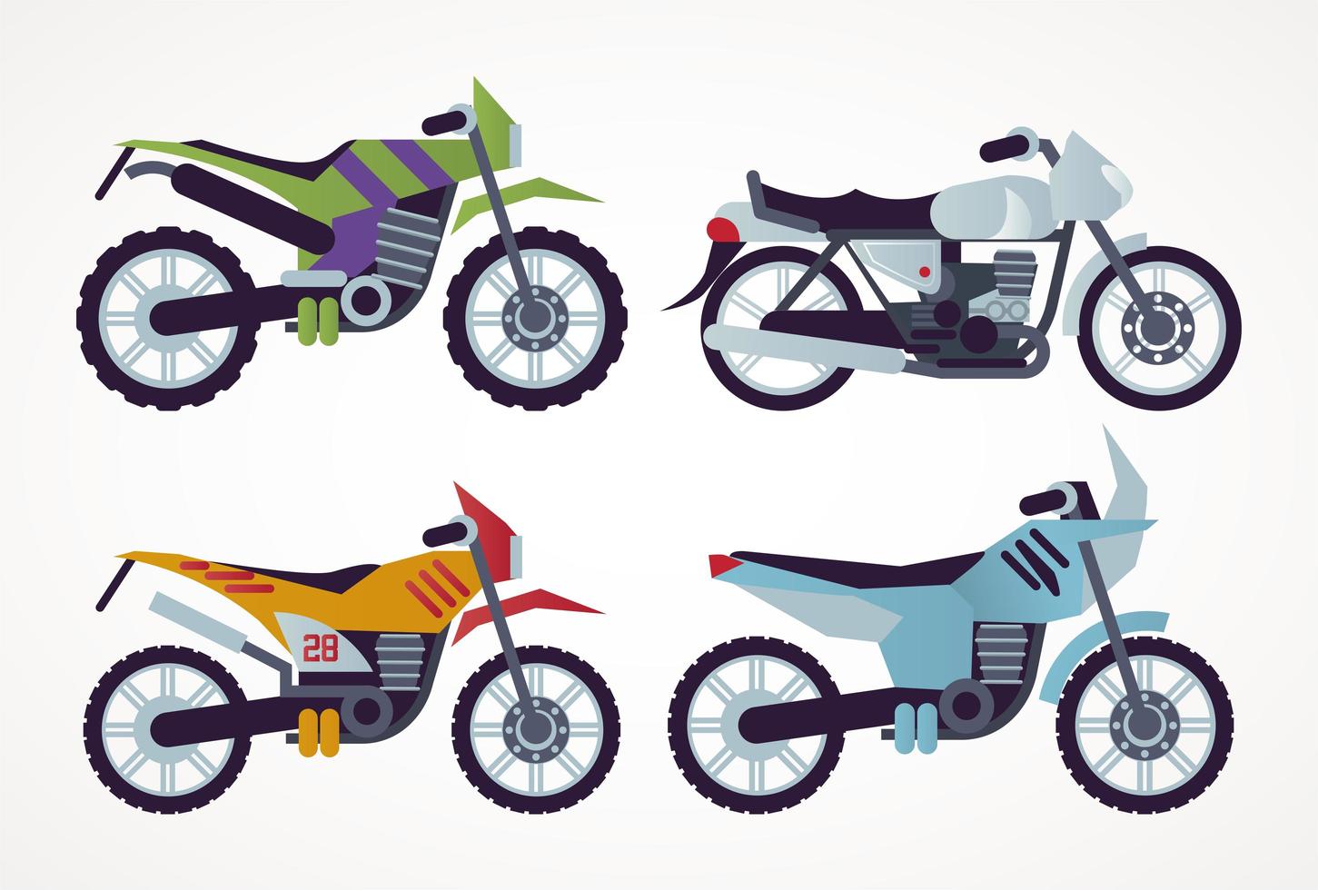 bundel van motorfietsen stijl voertuigen iconen vector