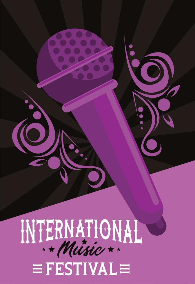 internationale muziekfestivalaffiche met microfoon op paarse achtergrond vector