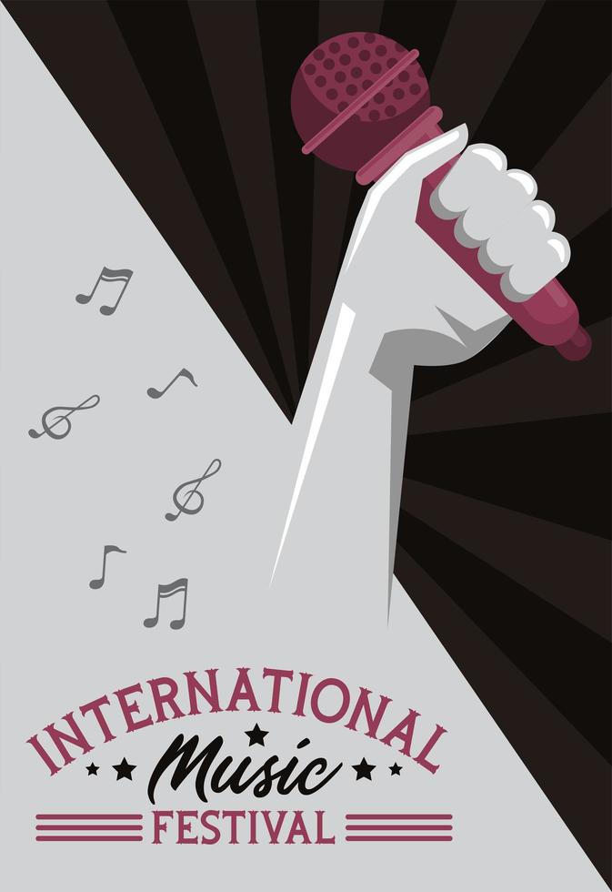 internationale muziekfestivalaffiche met hand opheffende microfoon op grijze achtergrond vector