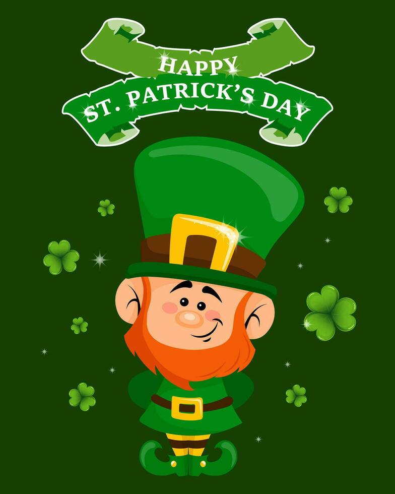 st. Patrick dag, schattig elf van Ierse folklore met klaver bladeren en groet tekst. illustratie, ansichtkaart, banier, vector
