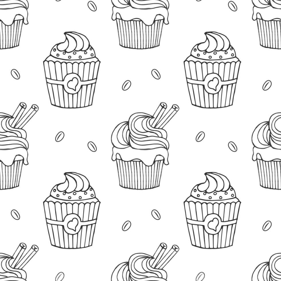 naadloos patroon, hand- getrokken schets cupcakes en koffie bonen. afdrukken, cafe menu achtergrond, vector