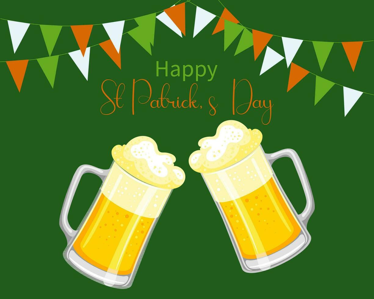 st. Patrick dag, mokken met bier, slingers met vlaggen en felicitatie- tekst. ansichtkaart, banier, vector