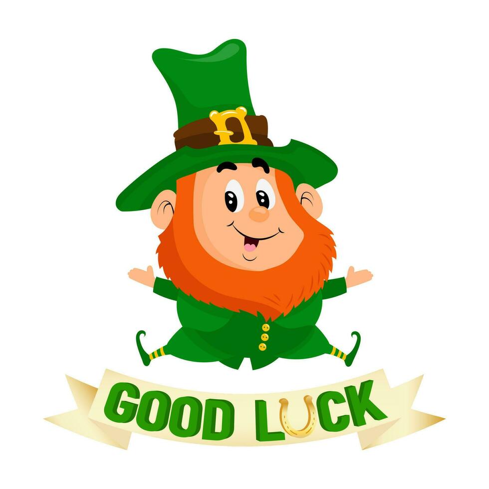 st. Patrick dag illustratie, schattig elf van Ierse folklore met lint mooi zo geluk met gouden hoefijzer. ansichtkaart, vakantie banier, vector