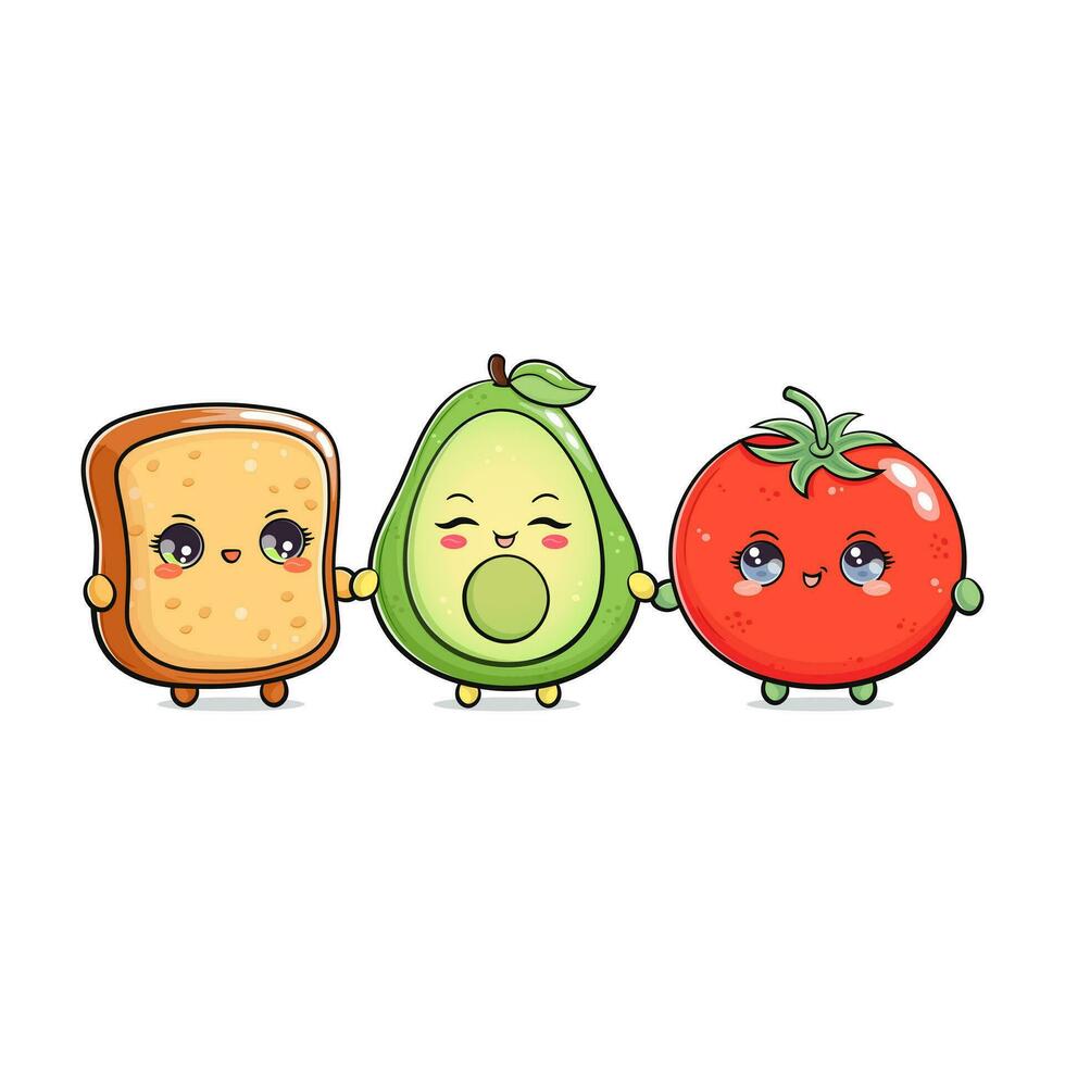 avocado brood tomaat. vector hand- getrokken tekening stijl tekenfilm karakter illustratie icoon ontwerp. gelukkig avocado brood tomaat vrienden concept kaart