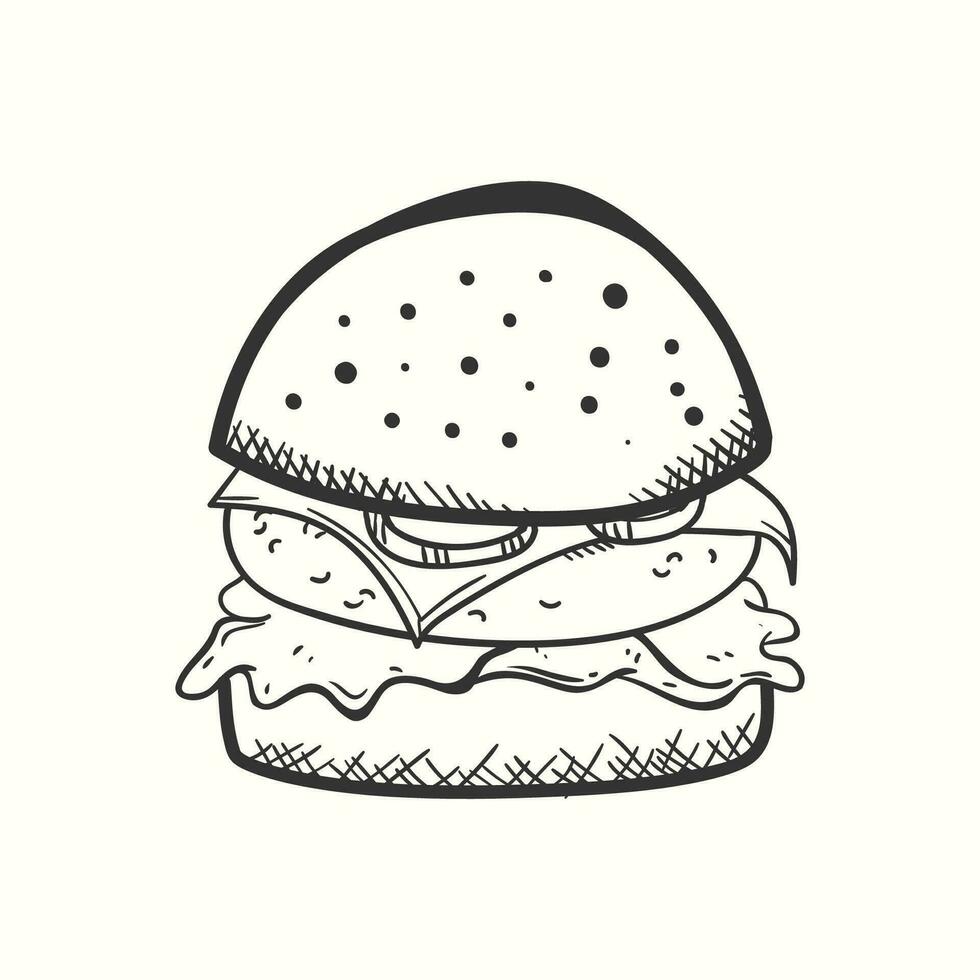 hand getekend hamburger met tomaat kaas vlees en salade in schetsen wijnoogst stijl vector