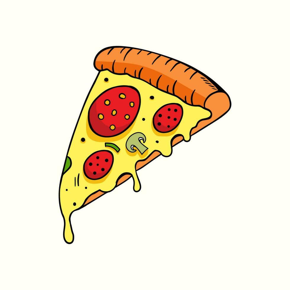 vector illustratie van een plak van pizza met gesmolten kaas en tomaat in tekenfilm stijl.