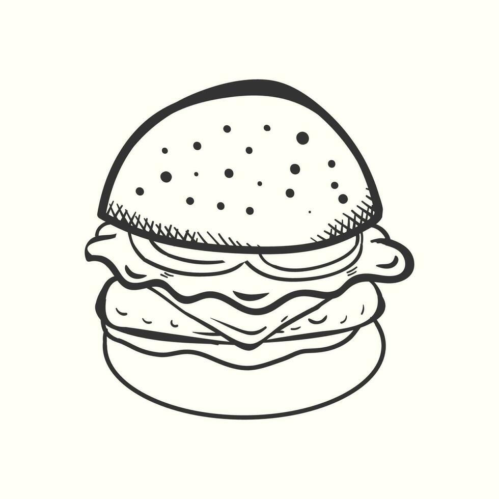 hand getekend hamburger met tomaat kaas vlees en salade in schetsen wijnoogst stijl vector