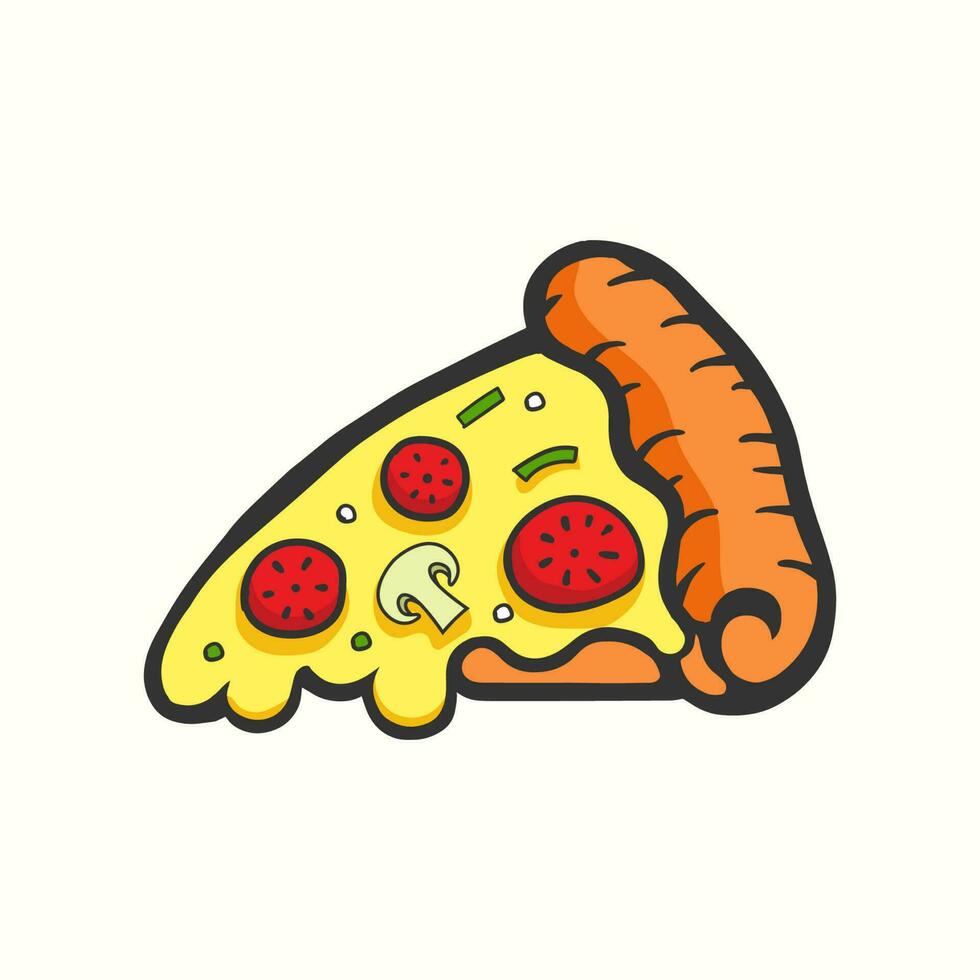 vector illustratie van een plak van pizza met gesmolten kaas en tomaat in tekenfilm stijl.