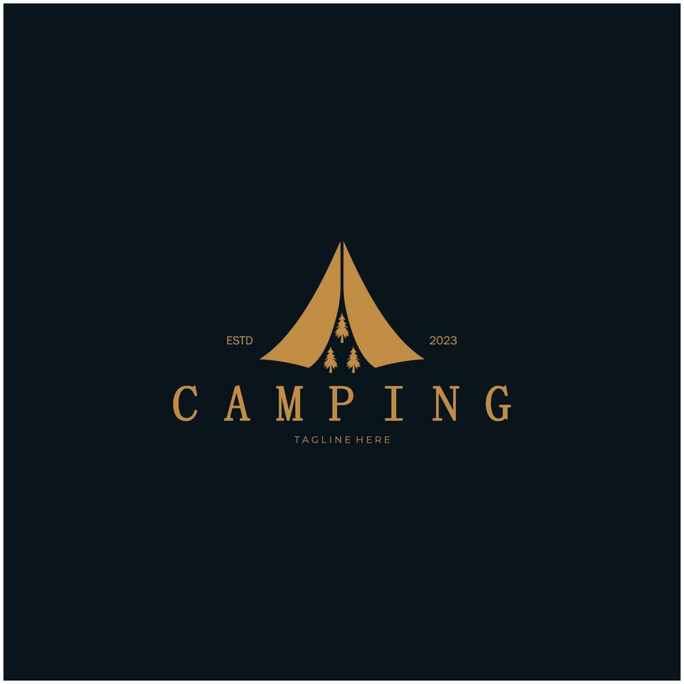 wijnoogst en retro tent logo, camping. met tent, boom en vreugdevuur teken. avonturiers, verkenners, klimmers, camping uitrusting centrum vector