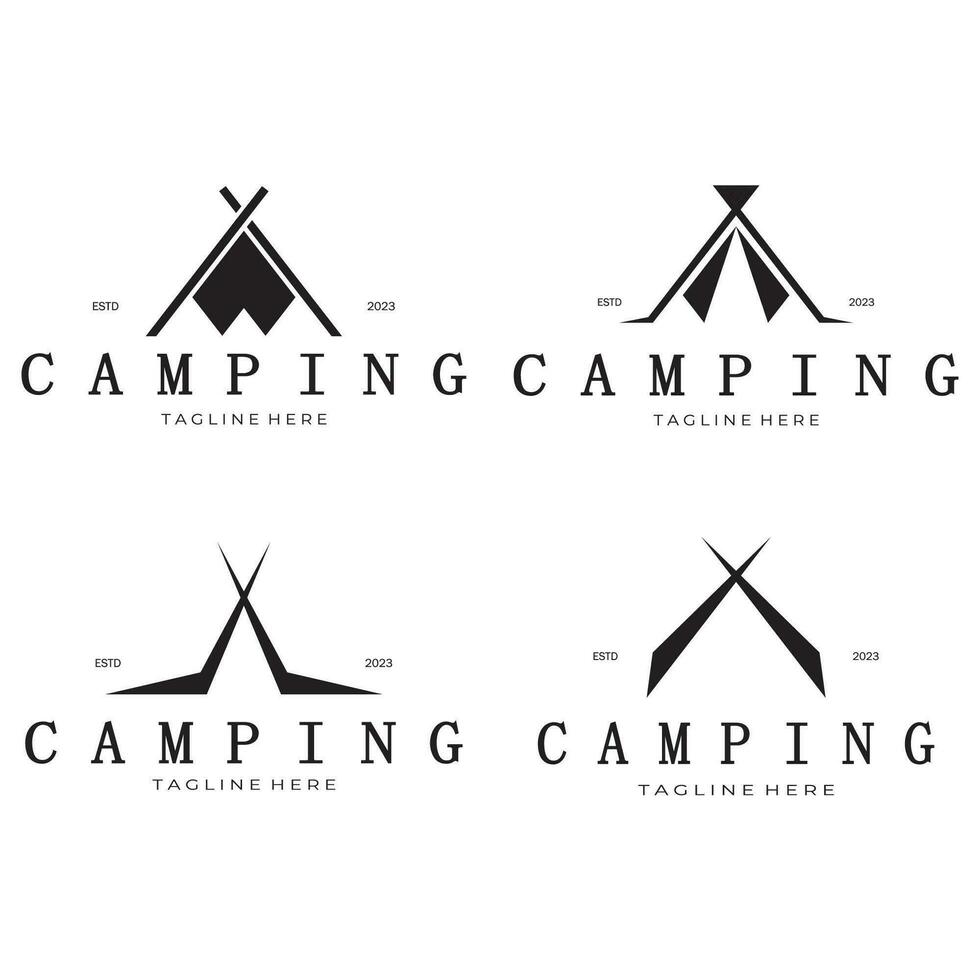 wijnoogst en retro tent logo, camping. met tent, boom en vreugdevuur teken. avonturiers, verkenners, klimmers, camping uitrusting centrum vector