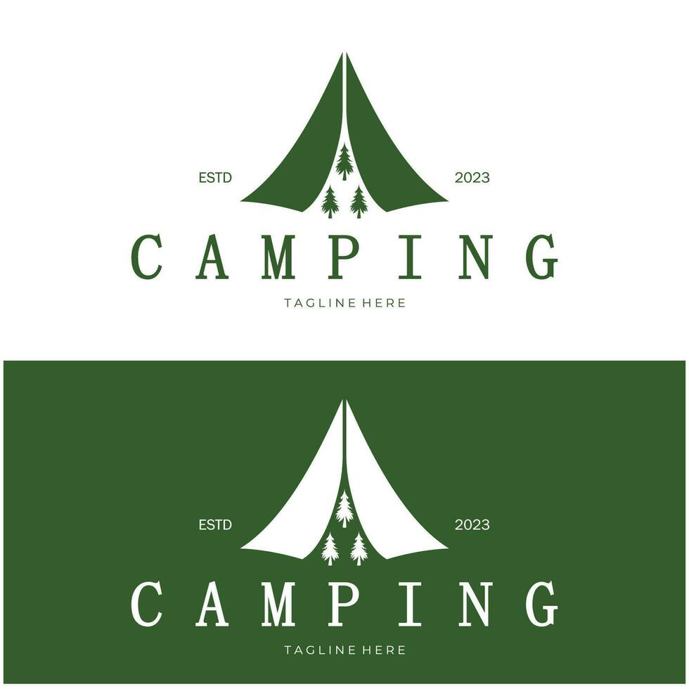 wijnoogst en retro tent logo, camping. met tent, boom en vreugdevuur teken. avonturiers, verkenners, klimmers, camping uitrusting centrum vector