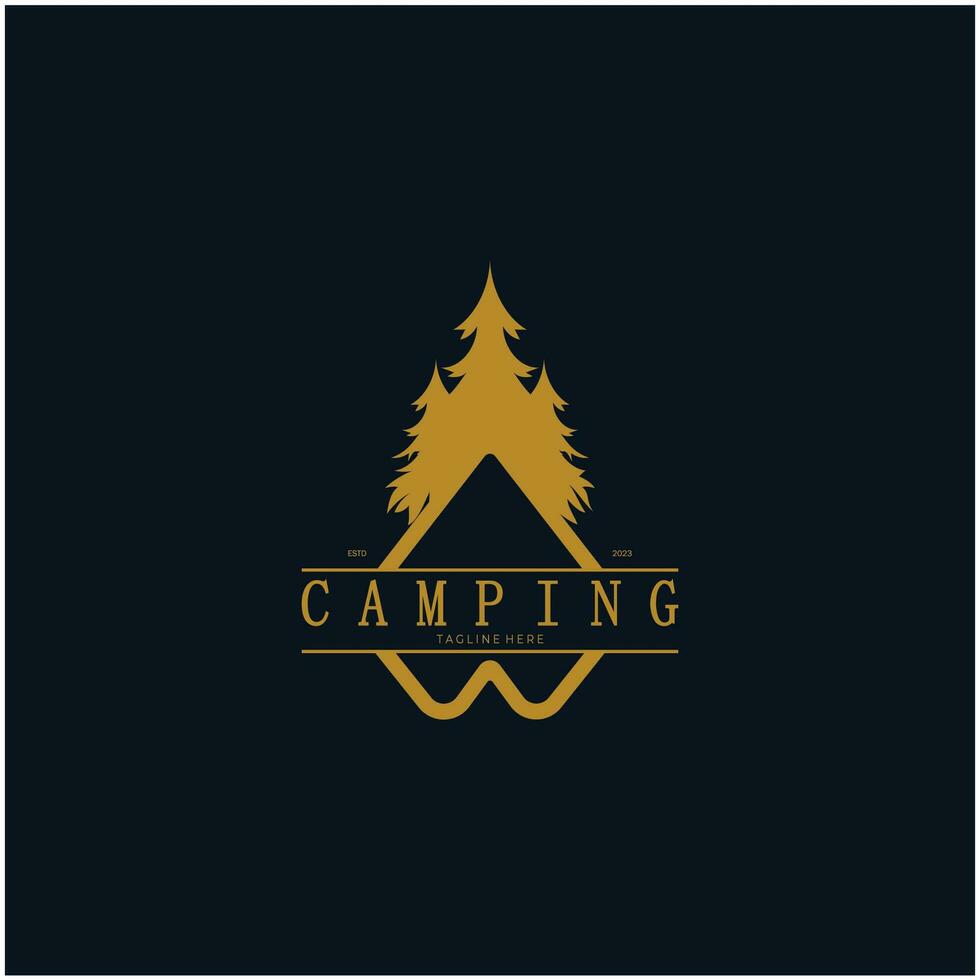 wijnoogst en retro tent logo, camping. met tent, boom en vreugdevuur teken. avonturiers, verkenners, klimmers, camping uitrusting centrum vector
