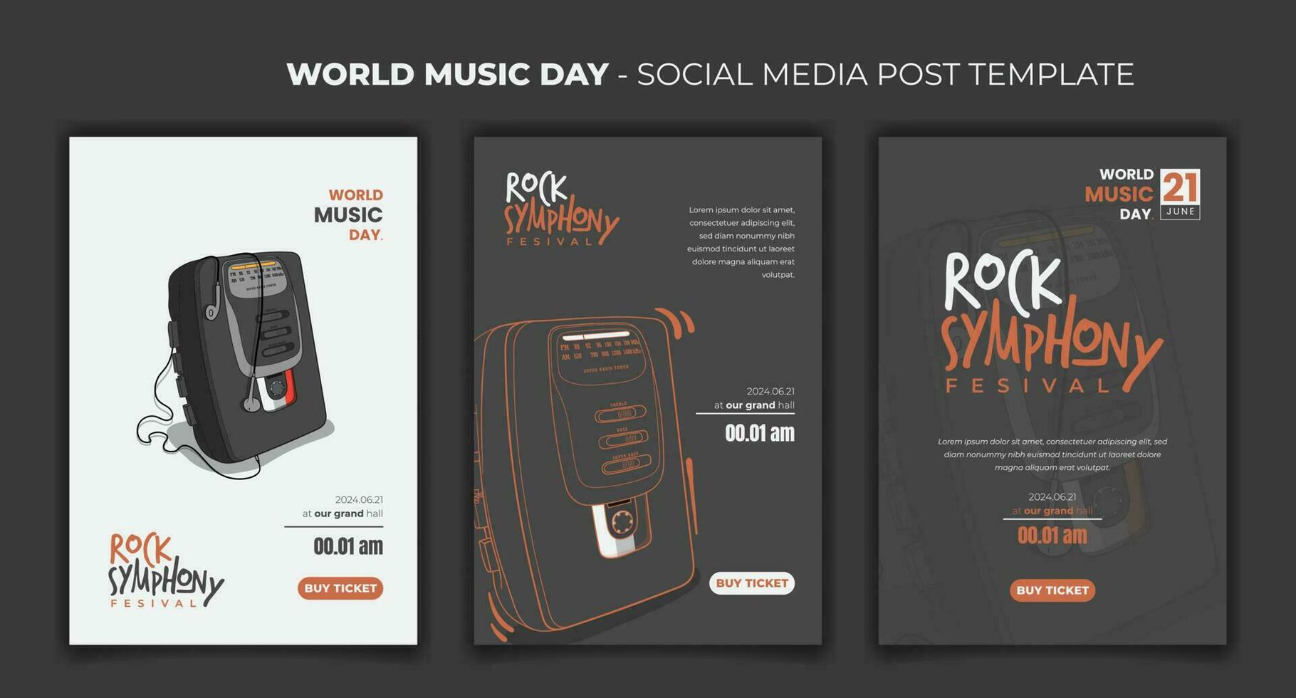 sociaal media post sjabloon voor muziek- dag met portable cassette speler in tekenfilm lijn kunst ontwerp vector