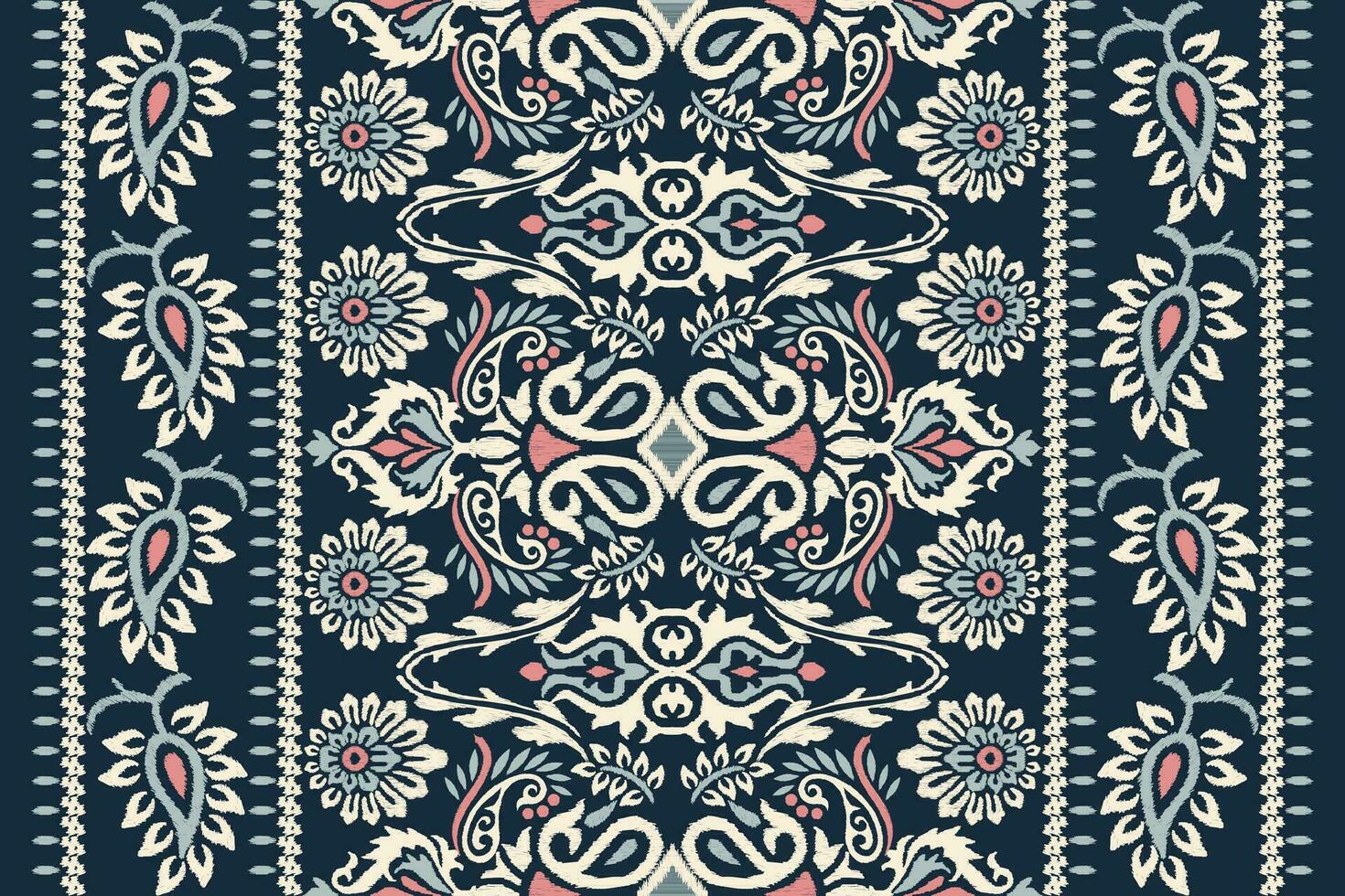 ikat bloemen paisley borduurwerk Aan marine blauw achtergrond.ikat etnisch oosters patroon traditioneel.azteken stijl abstract vector illustratie.ontwerp voor textuur, stof, kleding, verpakking, decoratie, sjaal.