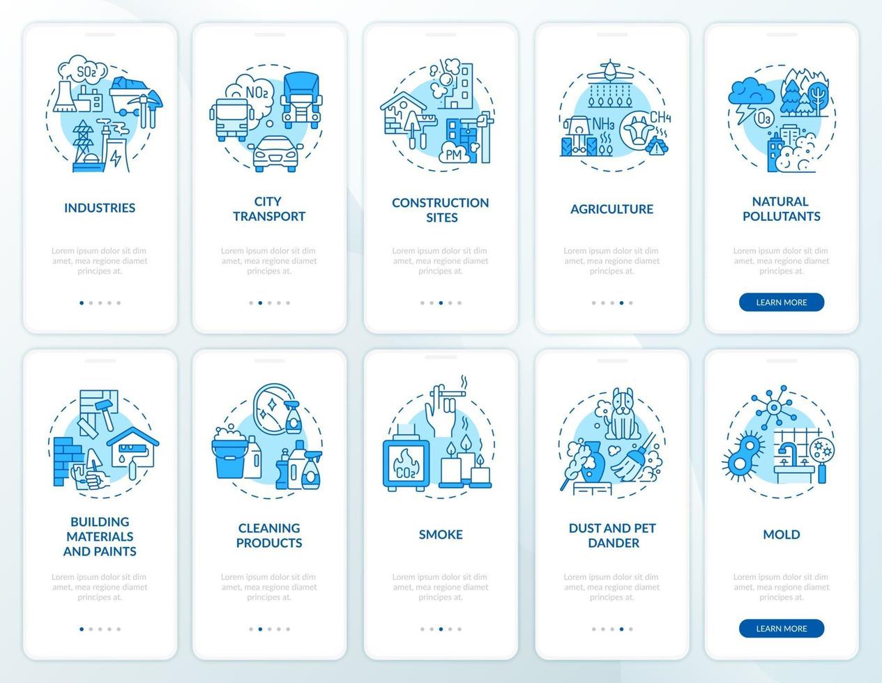 binnen- en omgevingsluchtverontreinigende stoffen onboarding app-paginascherm met ingestelde concepten vector