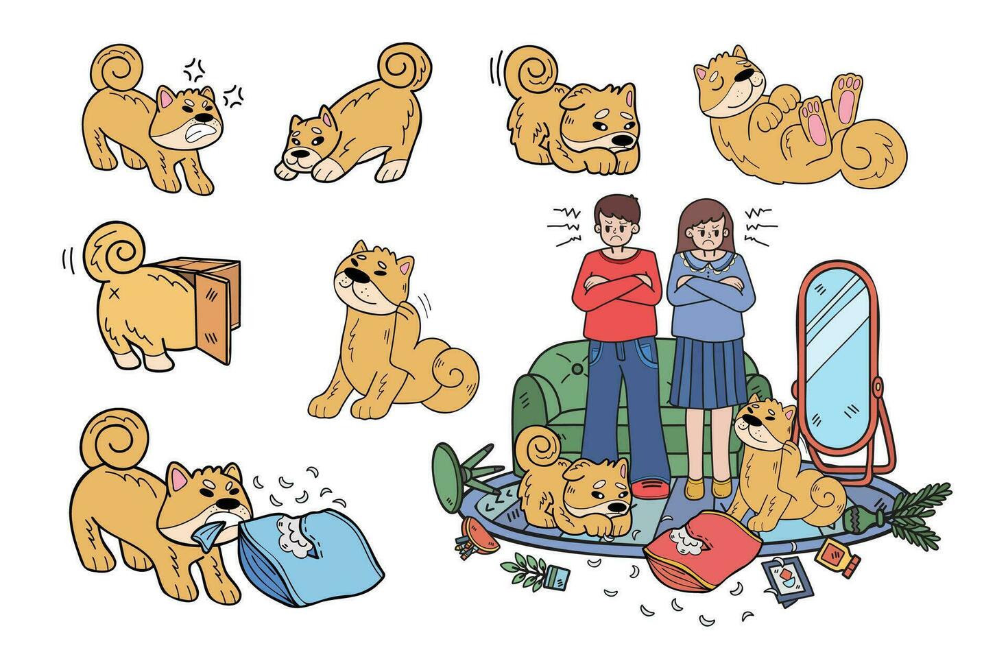 hand- getrokken shiba inu hond en familie verzameling in vlak stijl illustratie voor bedrijf ideeën vector