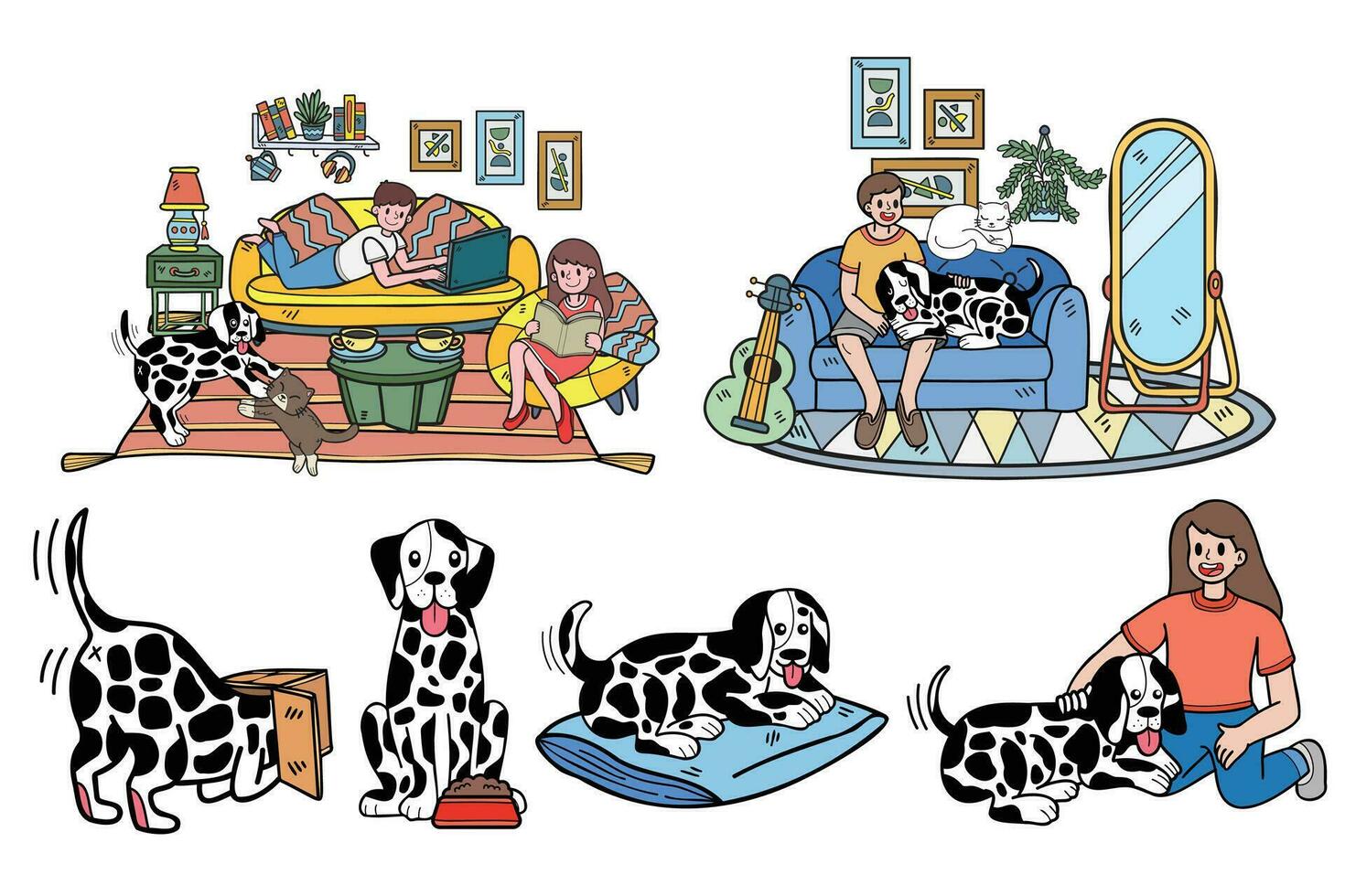 hand- getrokken dalmatiër hond en familie verzameling in vlak stijl illustratie voor bedrijf ideeën vector