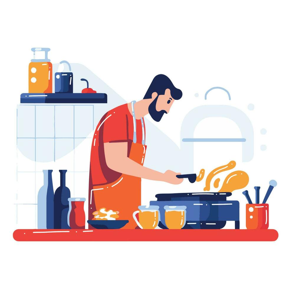 hand- getrokken chef Koken in de keuken vlak stijl illustratie voor bedrijf ideeën vector