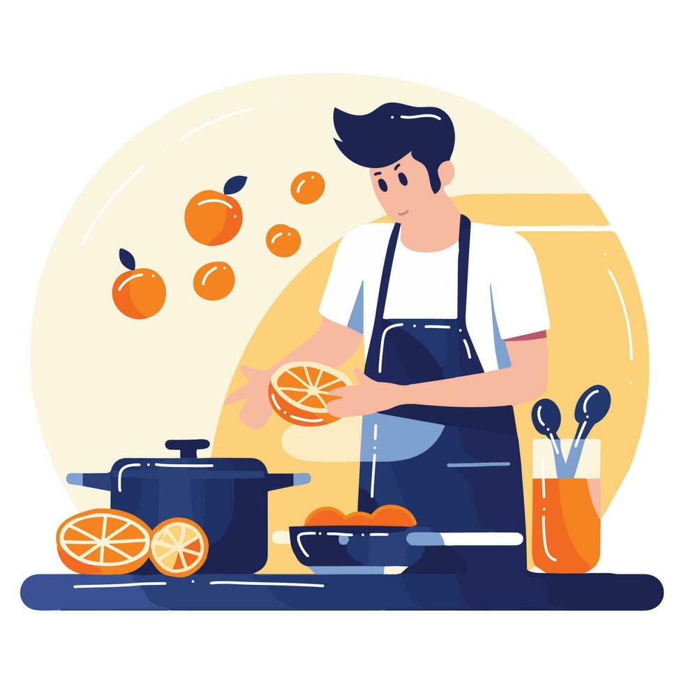 hand- getrokken chef Koken in de keuken vlak stijl illustratie voor bedrijf ideeën vector