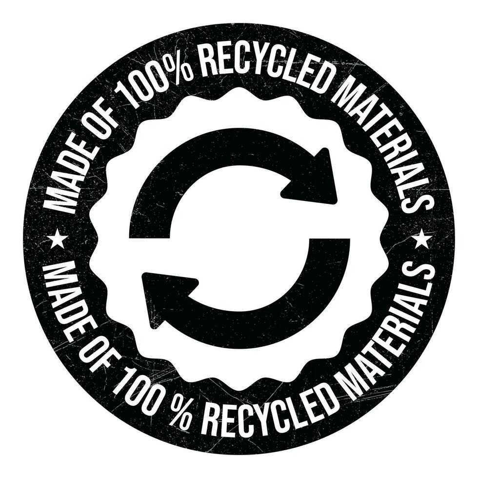 gemaakt van 100 procent gerecycled materialen insigne, stempel, logo, embleem, recycling vector icoon, recyclebaar producten, verpakking ontwerp elementen, plastic tas, fles, vector illustratie, grunge structuur