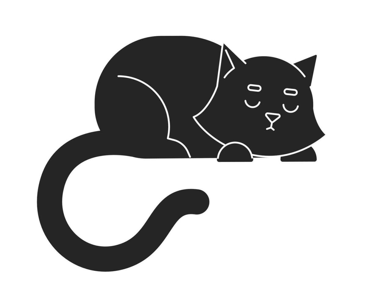 schattig zwart kat slapen vlak monochroom geïsoleerd vector voorwerp. resting aanbiddelijk huisdier. knus katje. bewerkbare zwart en wit lijn kunst tekening. gemakkelijk schets plek illustratie voor web grafisch ontwerp